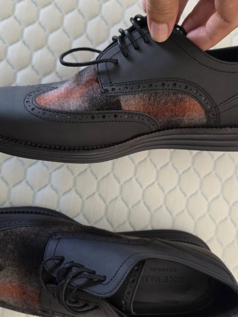 Cole Haan Grand.OS Wingtip Oxford Mens 11 M Black Leather Plaid C28862